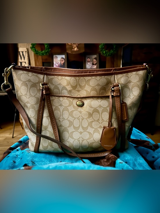 Coach Handbags - Coach Beige Peyton Signature Canvas Shoulder Bag with Brown Leather Trim